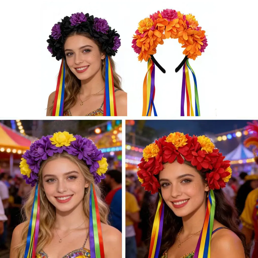 Exotischer Studentenblume Halloween Haarreif Mit Regenbogen Satinbändern Für Tag Der Toten Karneval Party Performance Haarschmuck