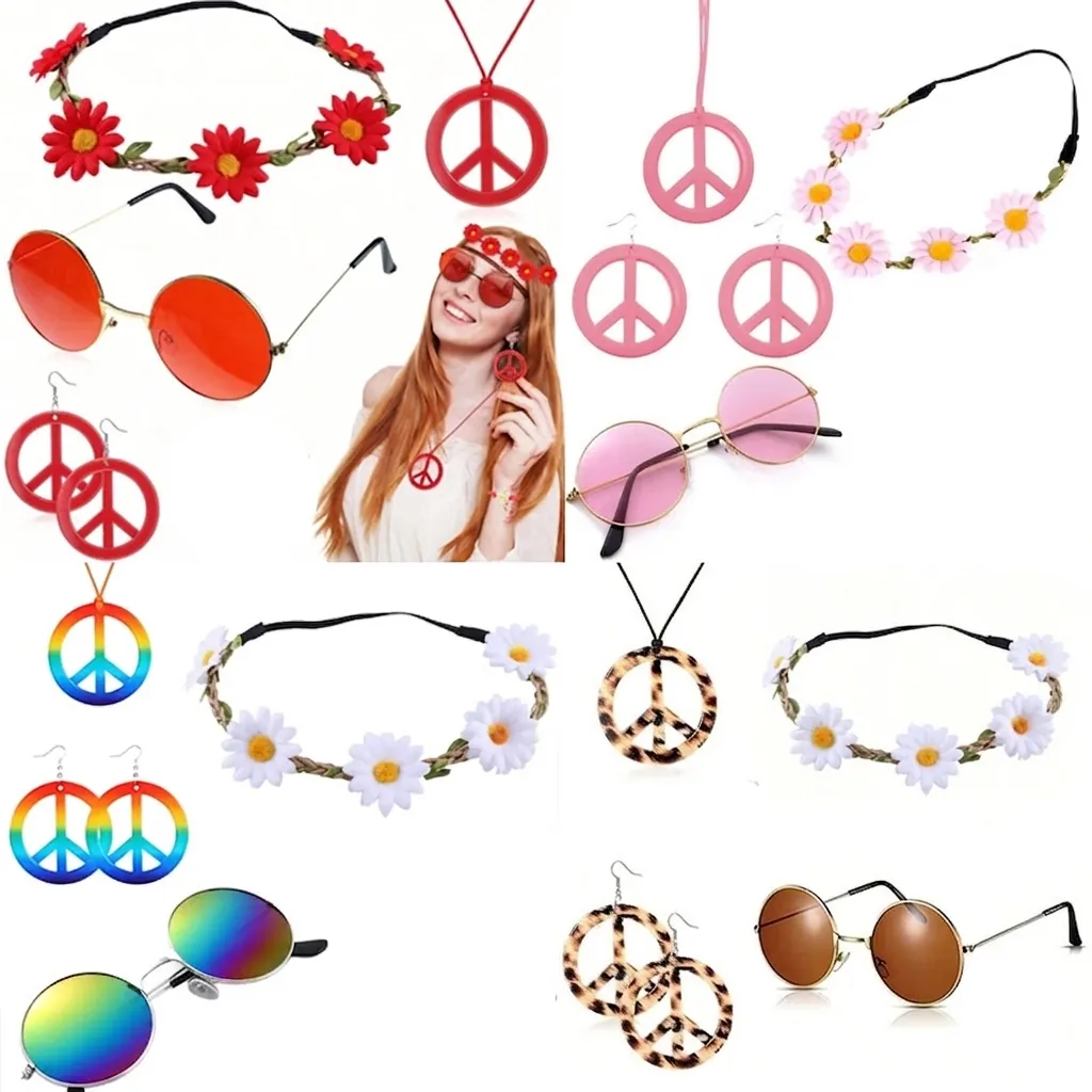 Hippie Costume Accessories Retro Round Sunglasses Peace Sign Necklace Earrings Daisy Flower Headband Bracelet Carnival Party Decoration