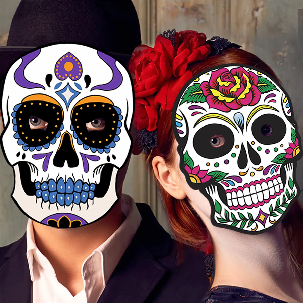 Mexican Day of the Dead Sugar Skull Paper Masks for Halloween Masquerade Party Decorations Floral Pattern DIY Party Mask