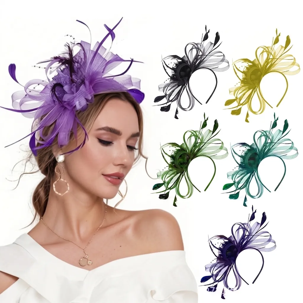 Vintage Mesh Feather Fascinator Headband For Women Elegant Floral Flower Party Hat Wedding Banquet Bridal Hair Accessories