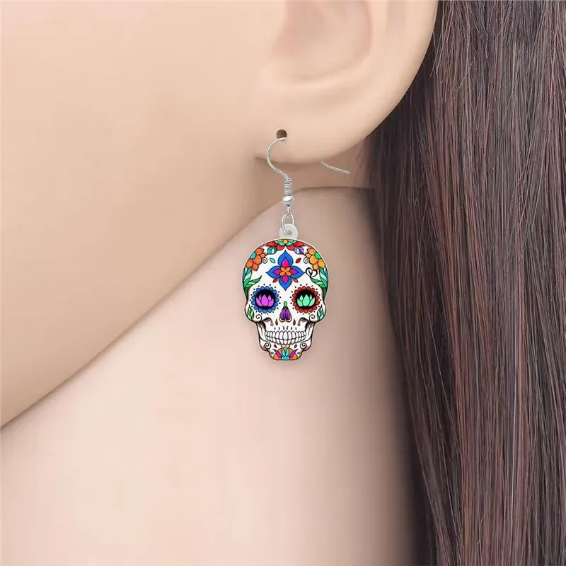 Acrylic Sugar Skull Halloween Drop Earrings Floral Printed Day Of The Dead Skull Jewelry For Women Girls Gift