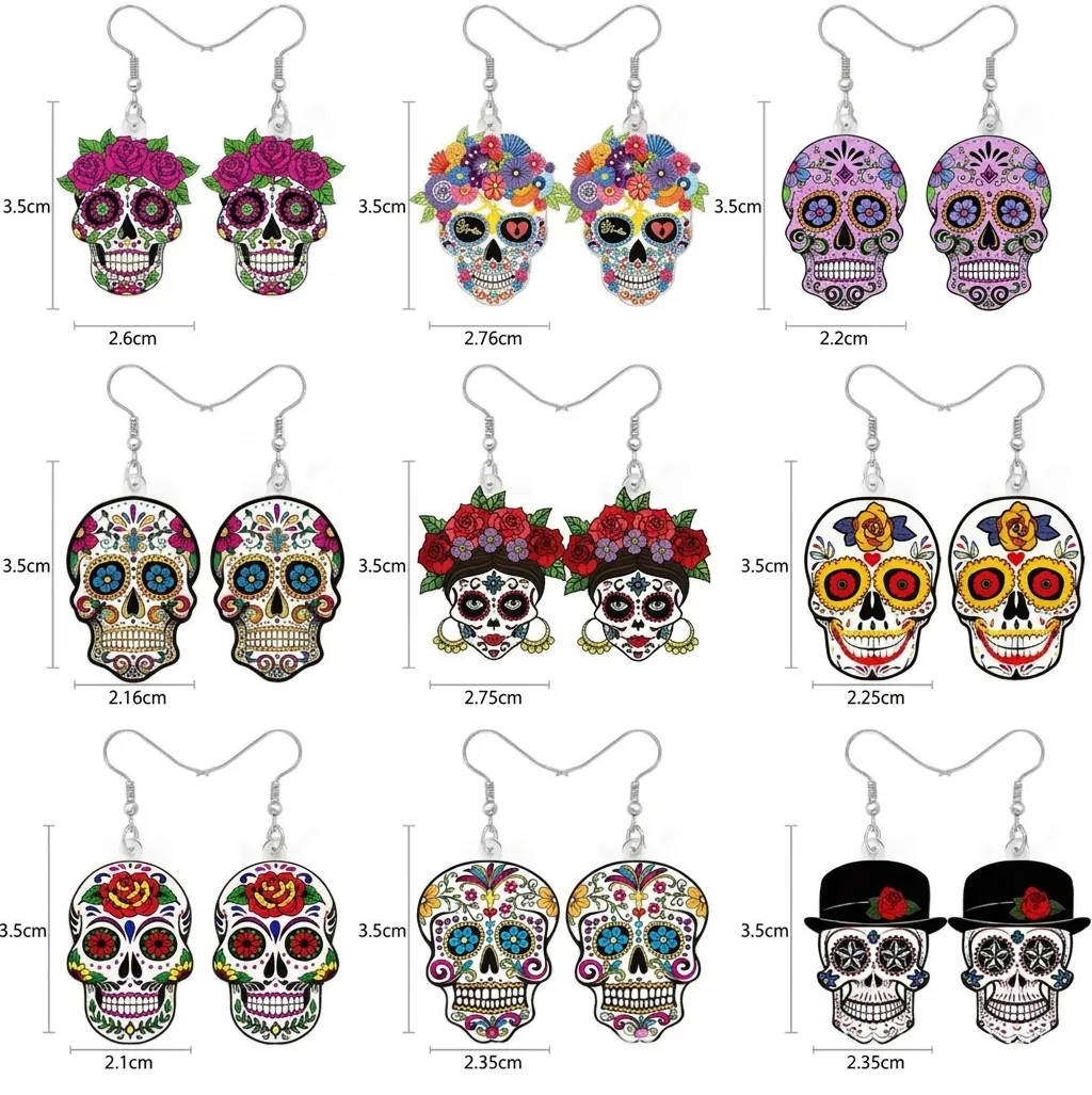 Boucles d'Oreilles Halloween Tête de Mort en Acrylique Multicolores Jour des Morts Boucles d'Oreilles Pendantes pour Femmes Filles Bijoux Cadeau