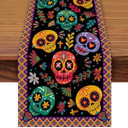 Day Of The Dead Sugar Skull Table Runner Colorful Floral Mexican Folk Art Polyester Table Decor For Kitchen Dining Party Halloween