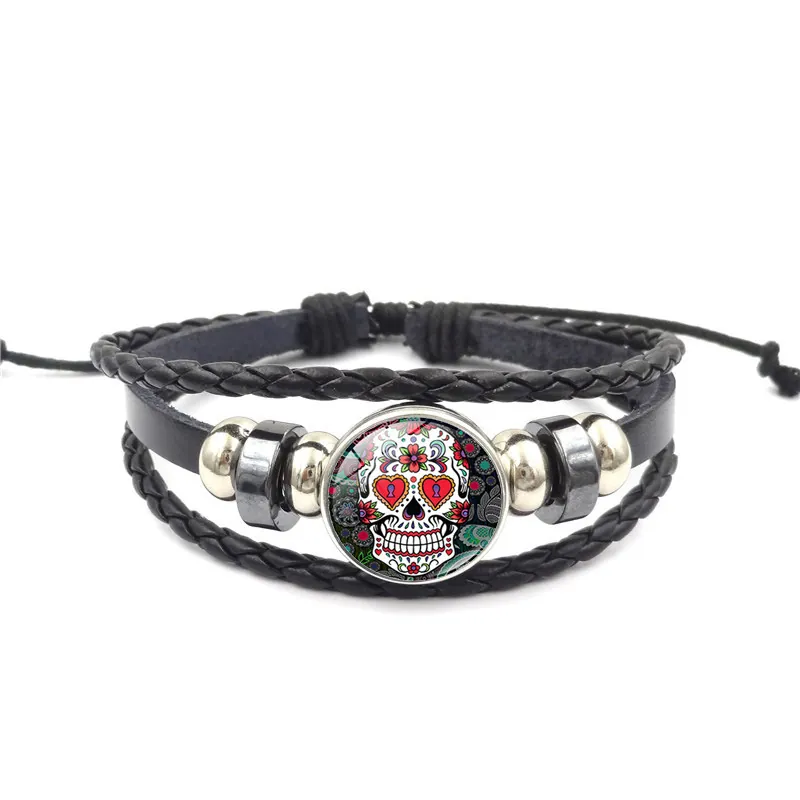 Bracelet Vintage Crâne de Sucre Mexicain Multicouche en Cuir Tressé Bracelet Bohémien en Alliage et Verre Bijoux pour Femmes