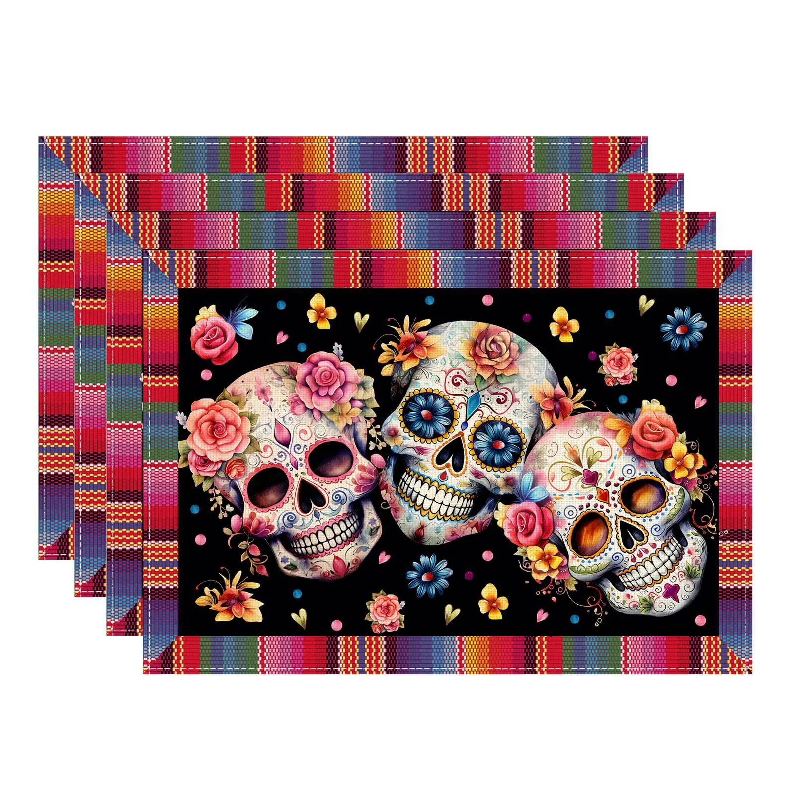 Day Of The Dead Sugar Skull Linen Placemat Set Mexican Festival Rose Floral Printed Rectangular Kitchen Dining Table Mat