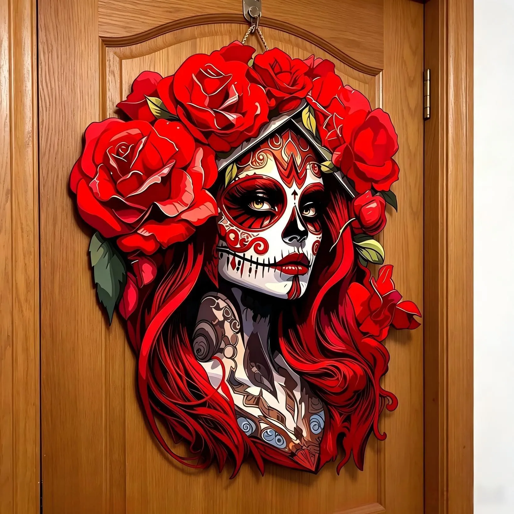 Halloween Wooden Sign Day Of The Dead Sugar Skull Girl Face Hanging Decor Vintage Rose Flower Door Hanger Wood Festive Ornament