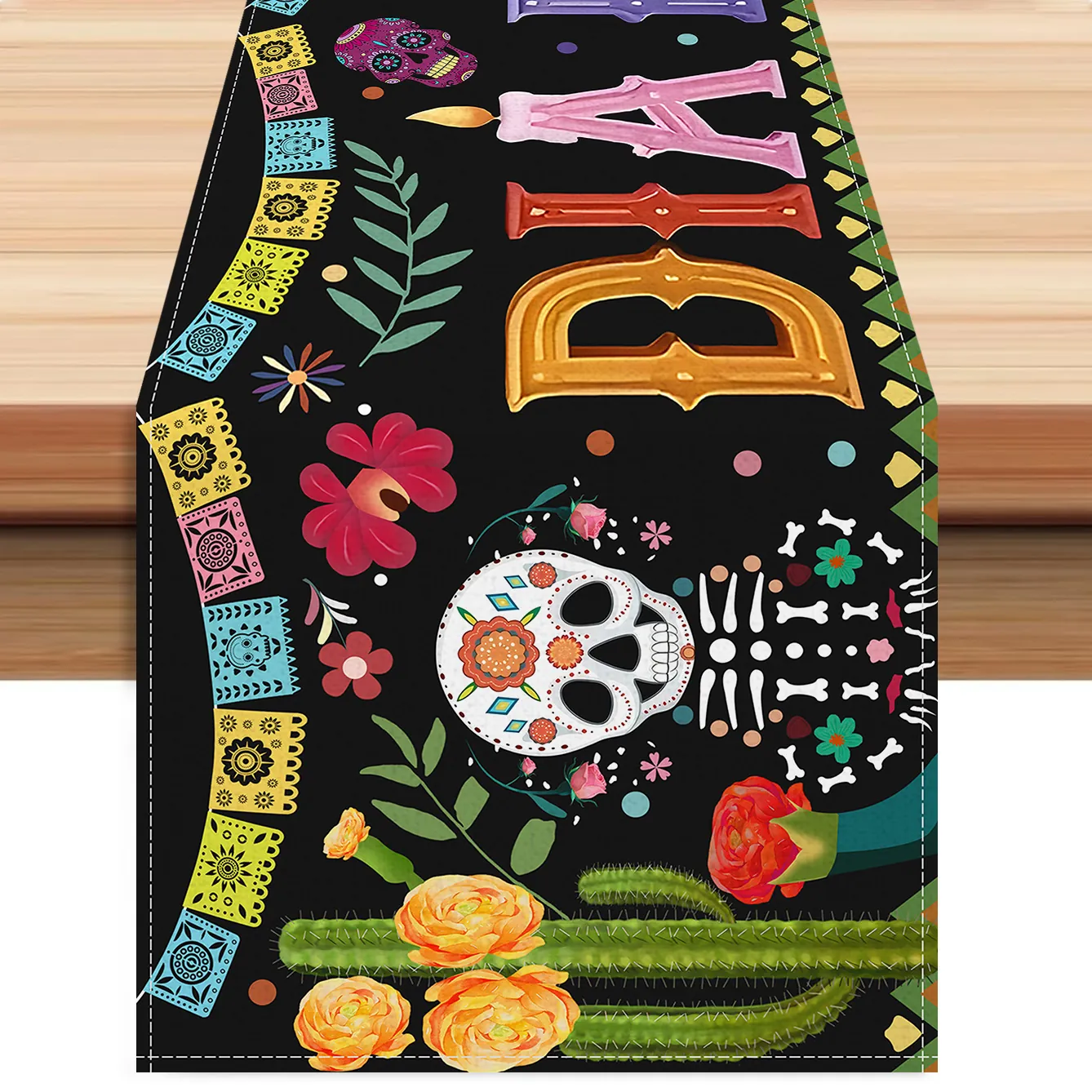 Mexican Day Of The Dead Linen Table Runner Colorful Sugar Skull Marigold Pattern For Festival Party Dining Table Decor