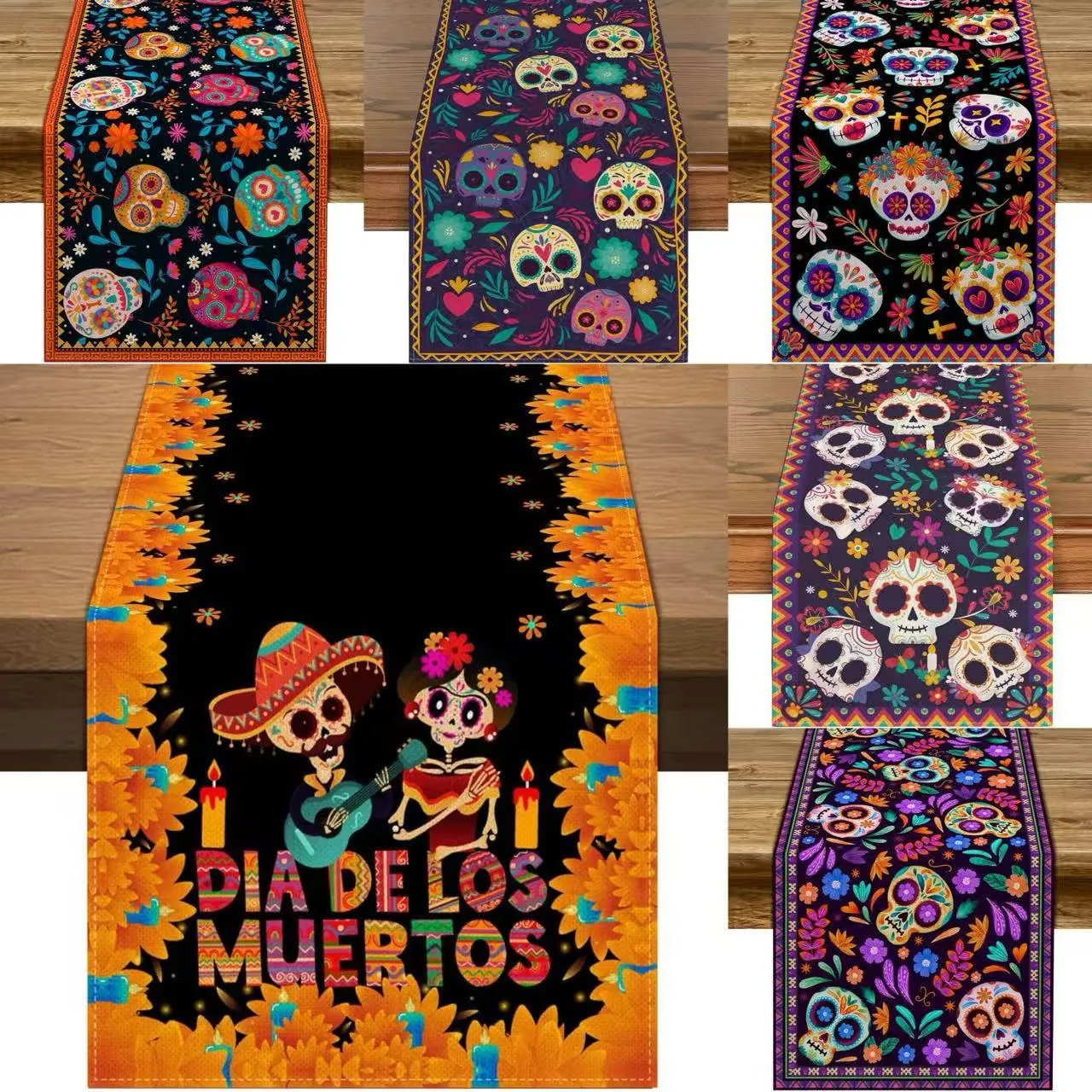 Day of the Dead Halloween Table Runner Mexican Party Decoration Sugar Skull Floral Linen Table Runner for Dining Table Decor