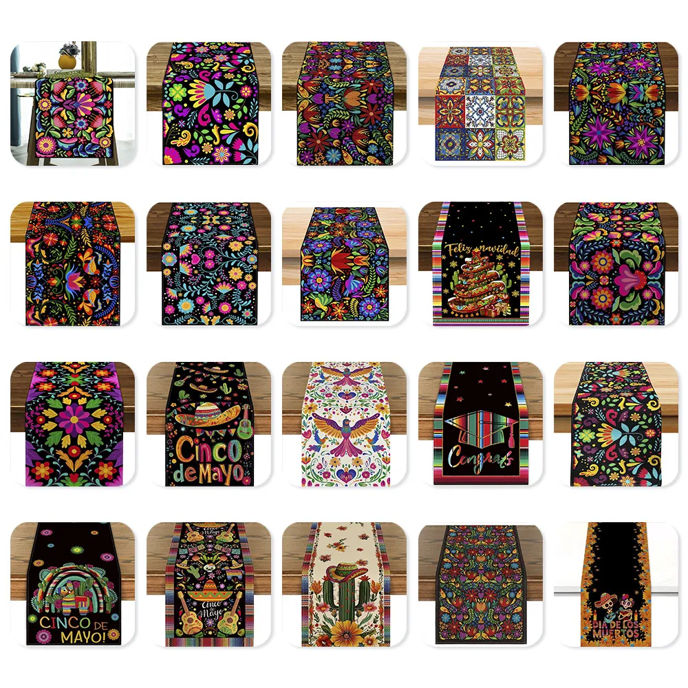 Mexican Table Runner Day Of The Dead Sugar Skull Floral Bird Print Linen Polyester Table Cloth For Fiesta Party Home Decor