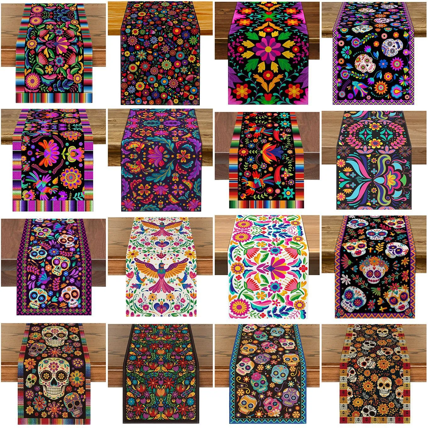 Mexican Day Of The Dead Table Runner Linen Printed Sugar Skull Flower Bird Pattern For Carnival Party Fiesta Home Dining Decor