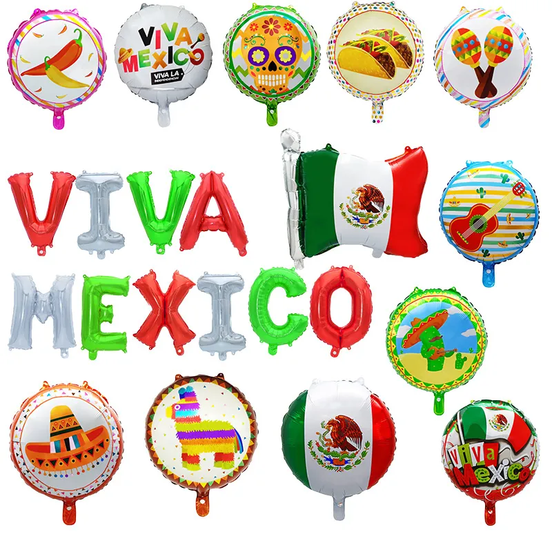 Mexican Fiesta Theme Aluminum Foil Balloons Round Sombrero Taco Chili Pinata Flag Letter Balloons For Carnival Party Decoration