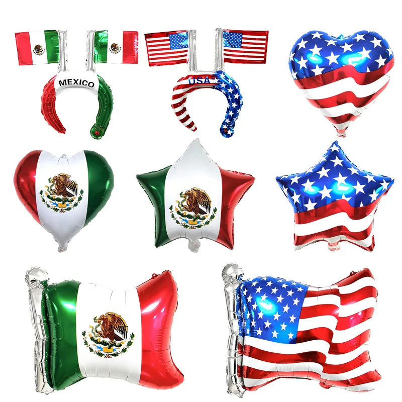USA Mexico Flag Aluminum Foil Balloons Star Heart Shape For Independence Day Carnival Party Decorations Patriotic Celebration