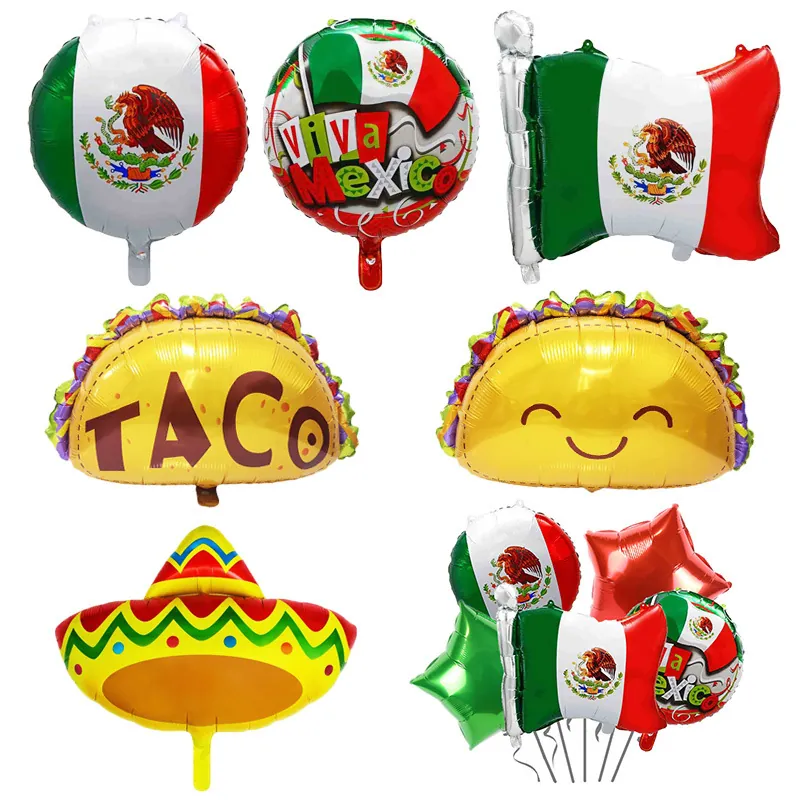 Mexican Party Foil Balloons Set Taco Sombrero Flag Shape Aluminum Balloon For Fiesta Banquet Background Wall Decoration