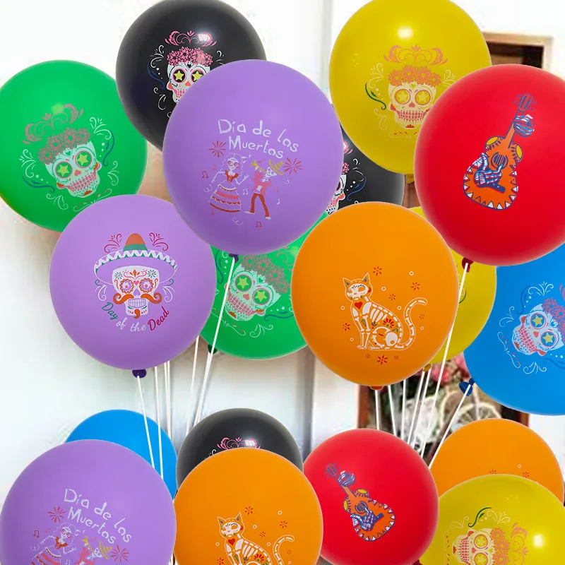 Mexican Day of the Dead Latex Balloons 12 Inch Sugar Skull Guitar Printed Balloons For Festival Party Decoration