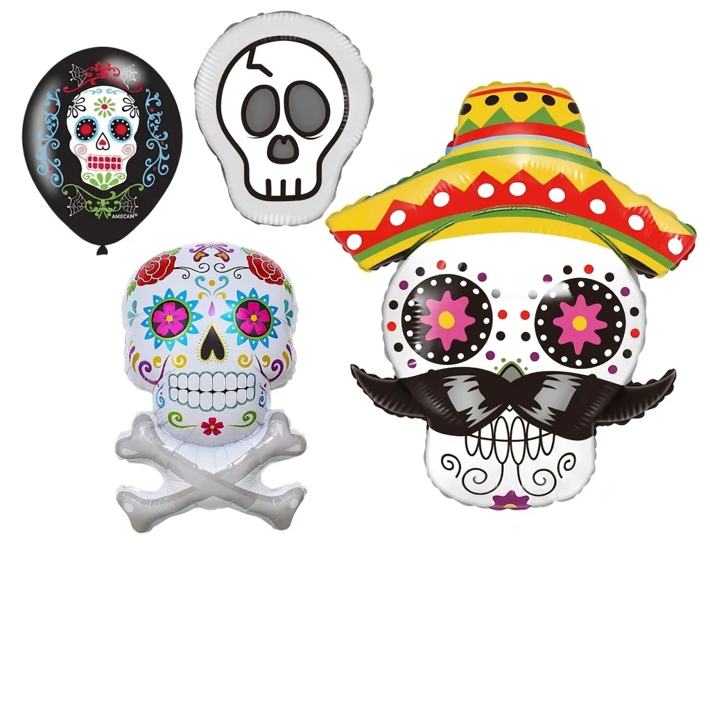 Mexican Day Of The Dead Foil Balloon Sugar Skull Sombrero Hat Floral Pattern Halloween Party Mylar Balloon Latex Decoration