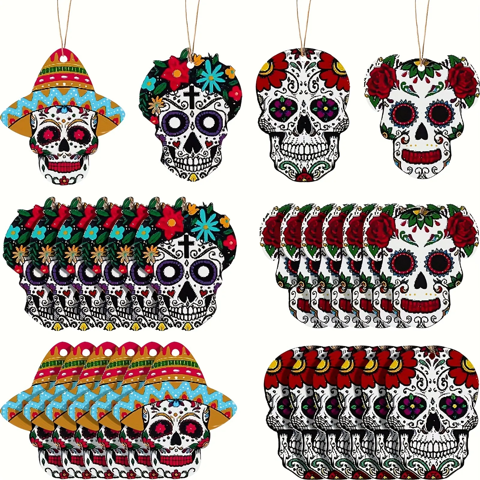Halloween Day Of The Dead Wooden Hanging Ornaments Sugar Skull Mexican Sombrero Decorative Wood Pendant Set For Home Party Autumn Decor