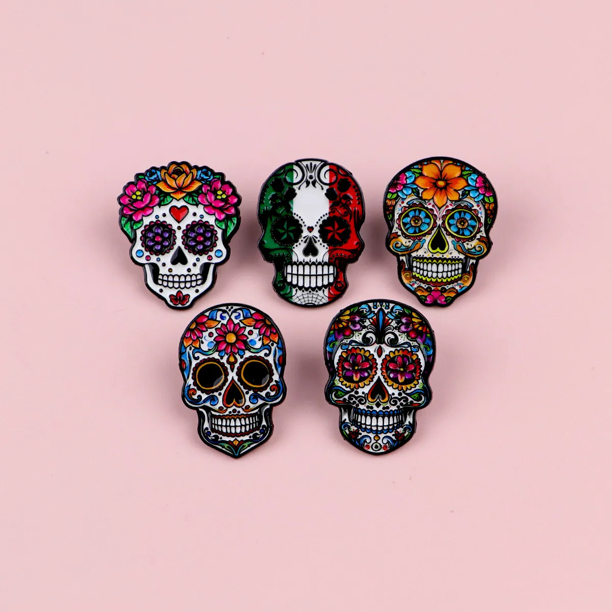 Mexican Day of the Dead Sugar Skull Enamel Brooch Zinc Alloy Cartoon Floral Rose Metal Badge For Clothing Bag Women Men Decor