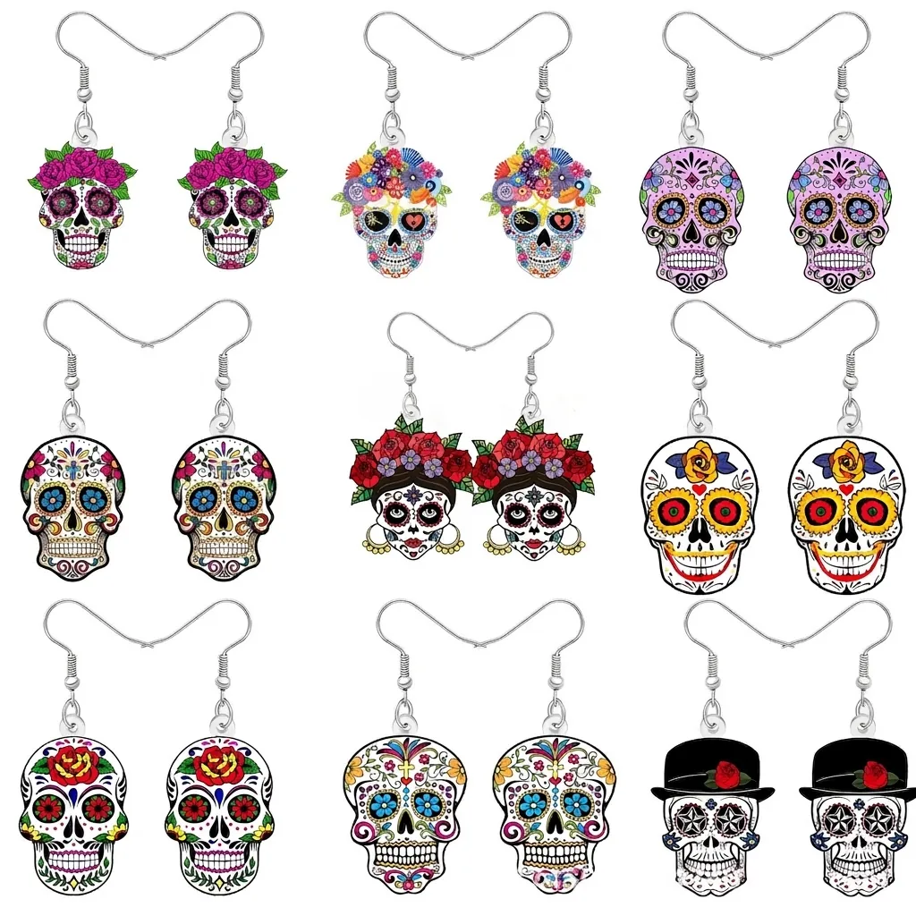 Mexican Day Of The Dead Acrylic Sugar Skull Dangle Earrings Multicolor Rose Floral Pattern Gothic Halloween Party Jewelry For Women Girls