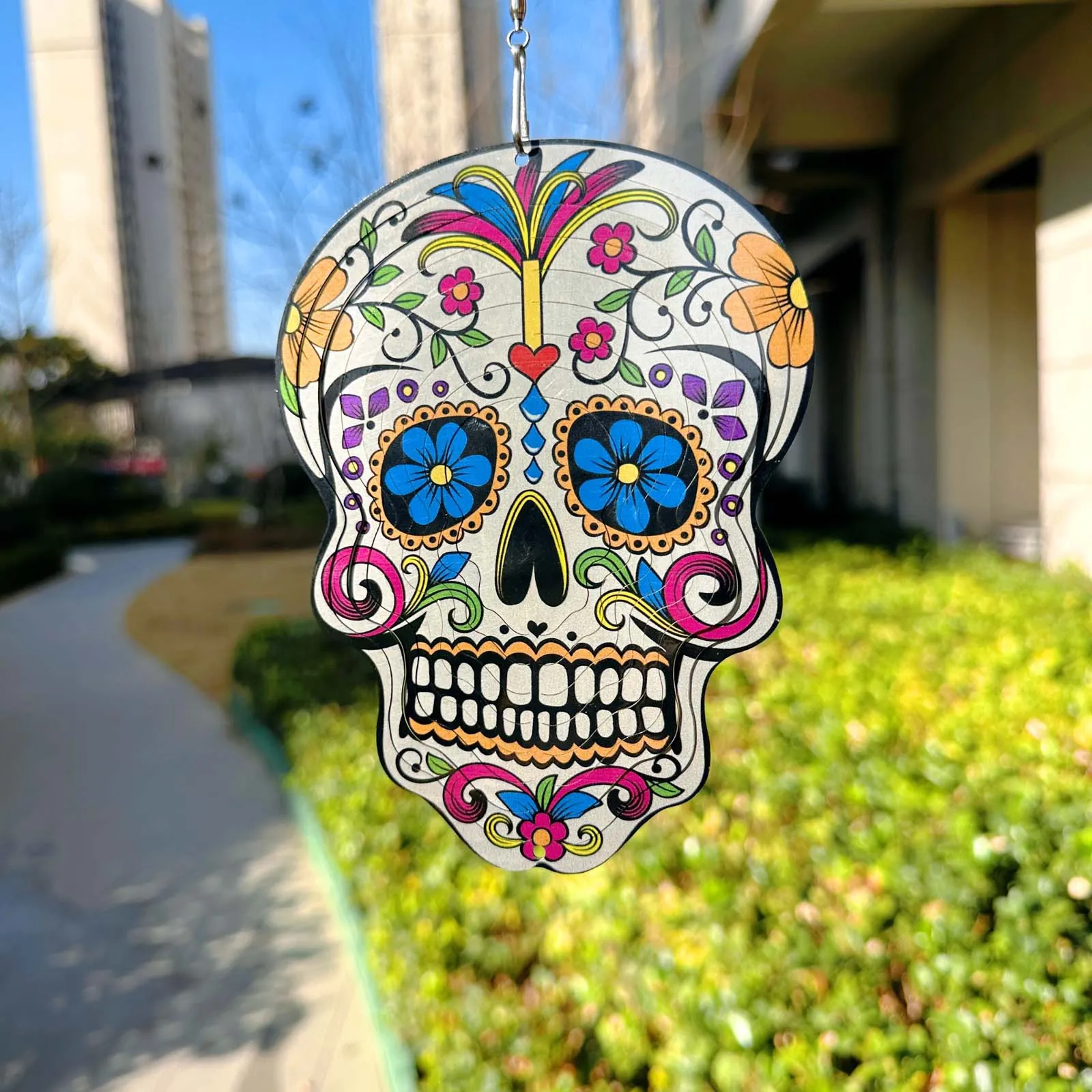 Mandala Skull Wind Spinner Stainless Steel 3D Rotating Metal Hanging Ornament For Outdoor Garden Yard Day Of The Dead Decor