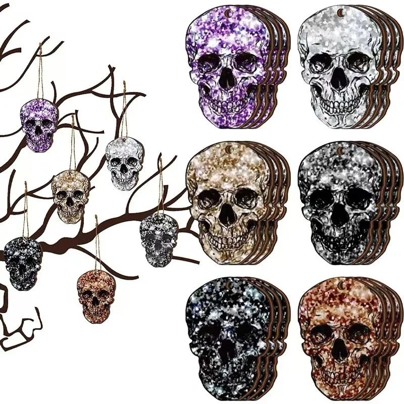 Halloween Wooden Skull Hanging Decorations Glitter Flat Calavera Wood Pendant For Spooky Party Atmosphere Home Office Festive Decor