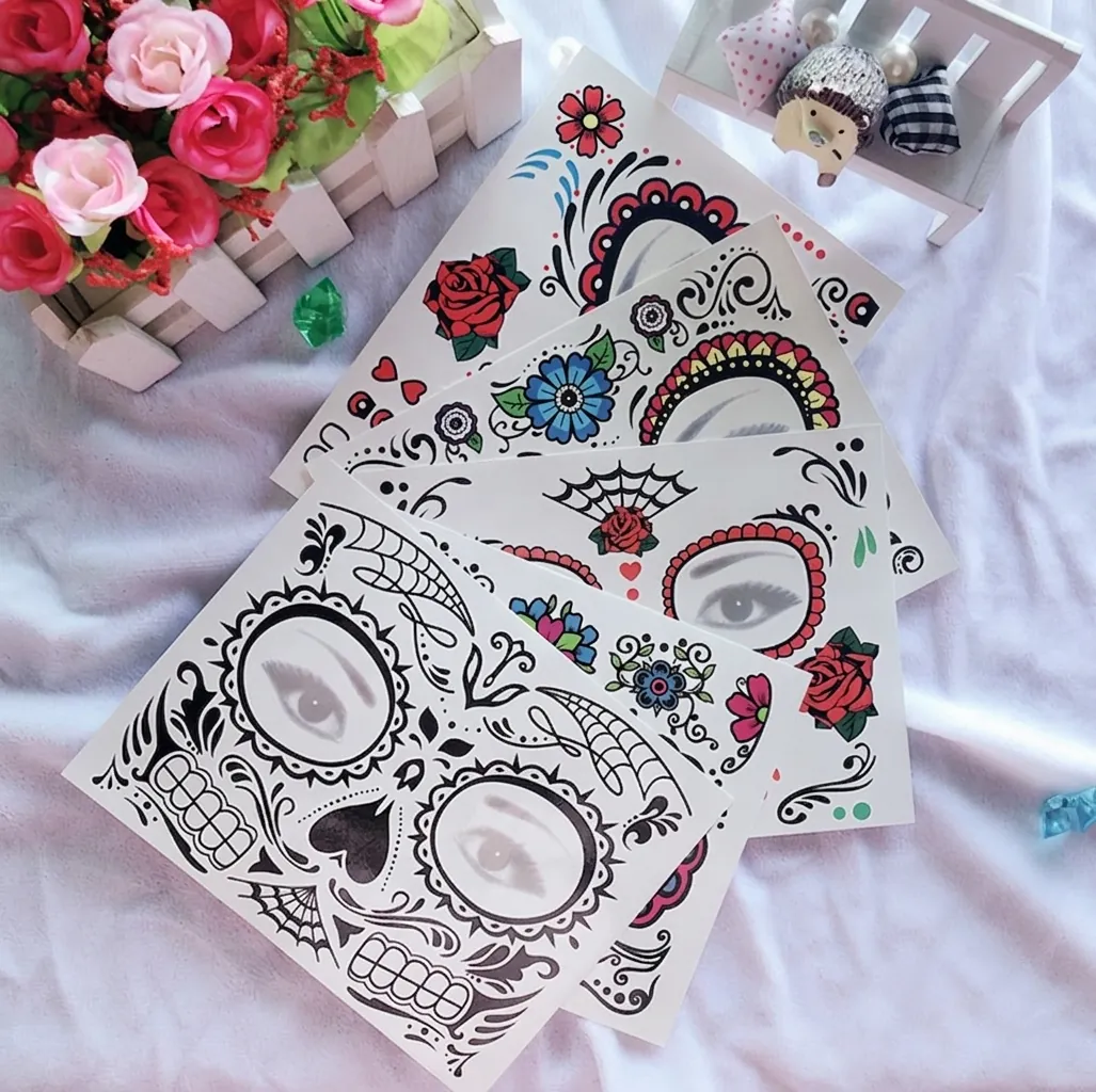 Day of the Dead Sugar Skull Face Tattoo Stickers Halloween Temporary Waterproof Floral Skeleton Face Decor for Masquerade Party