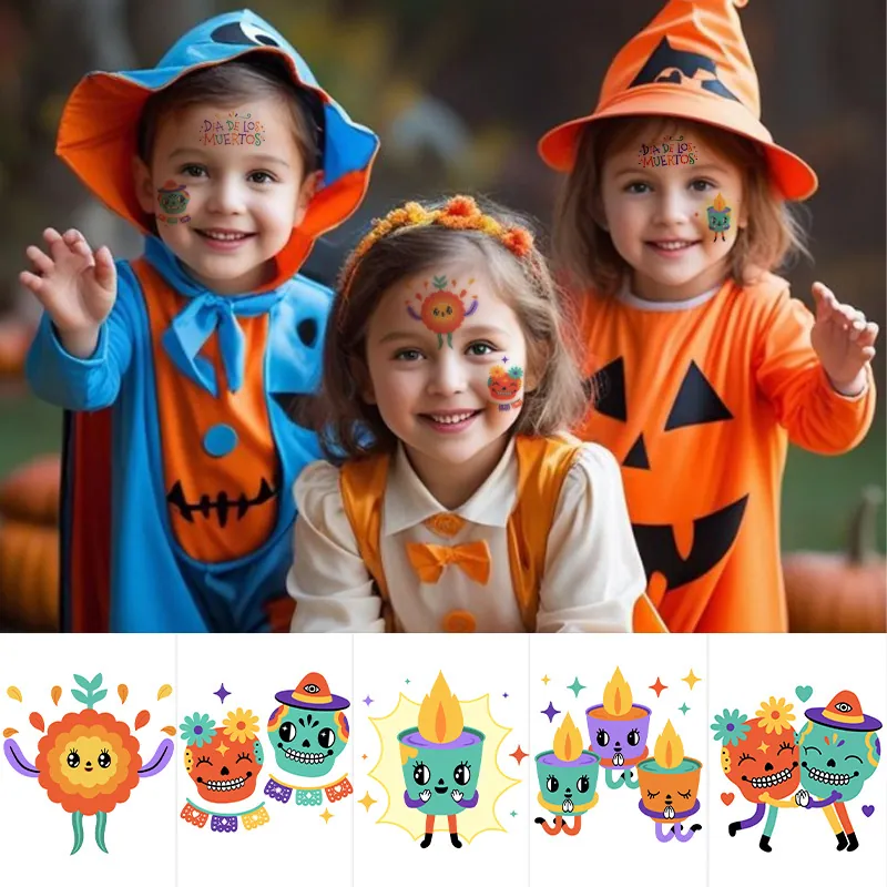 Autocollants de Tatouage Temporaire Dessin Animé Crâne Mexicain Jour Des Morts Souci Bougie Imperméable Décoration Fête Halloween