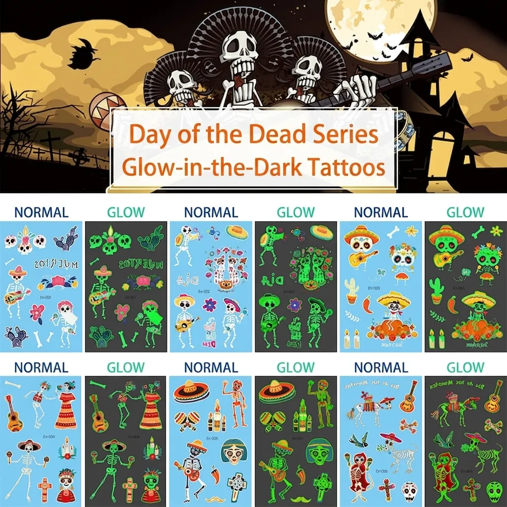 Adesivo per Tatuaggi Temporanei Luminosi del Giorno dei Morti Messicano Impermeabile Teschio Chitarra Adesivo Luminoso per Festa del Festival Arte del Corpo