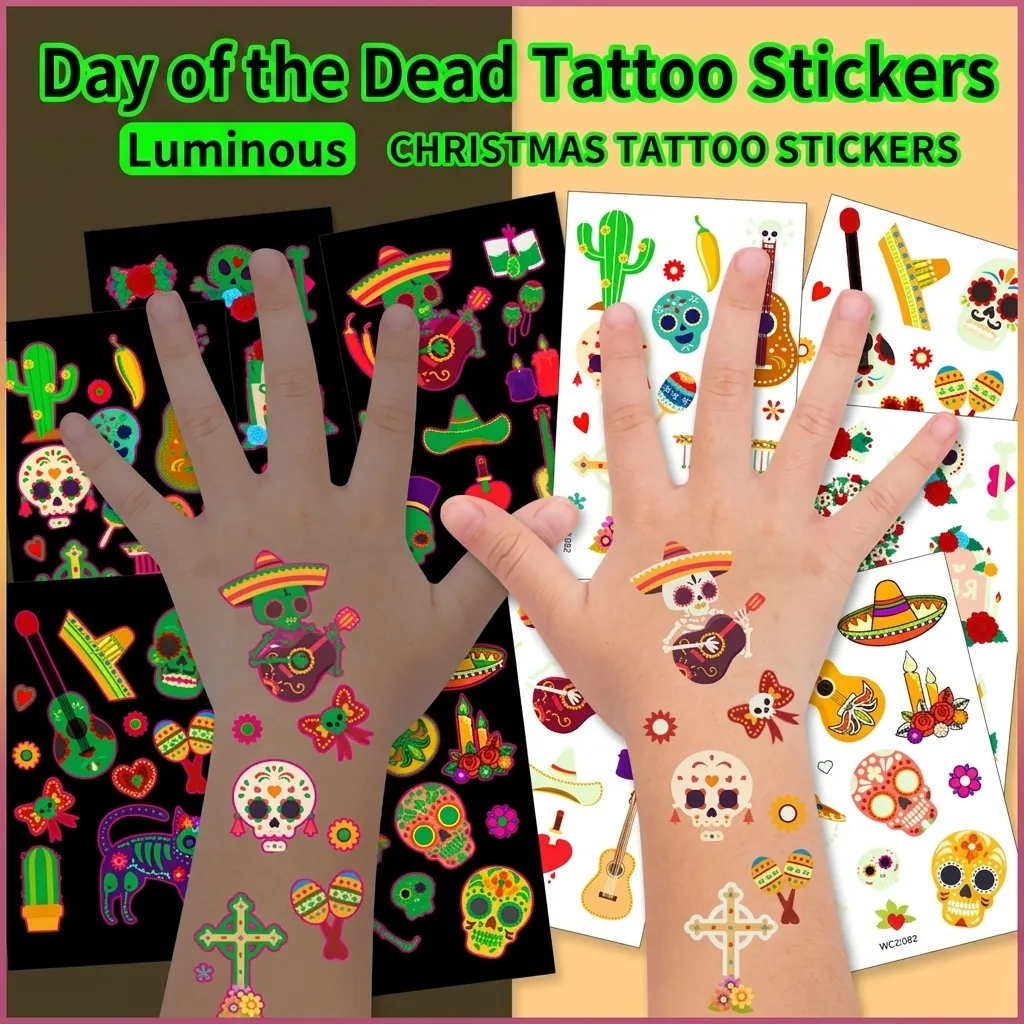 Luminous Day Of The Dead Temporary Tattoo Stickers Waterproof Cartoon Skull Guitar Pattern Glow In The Dark Party Favor Body Art For Kids