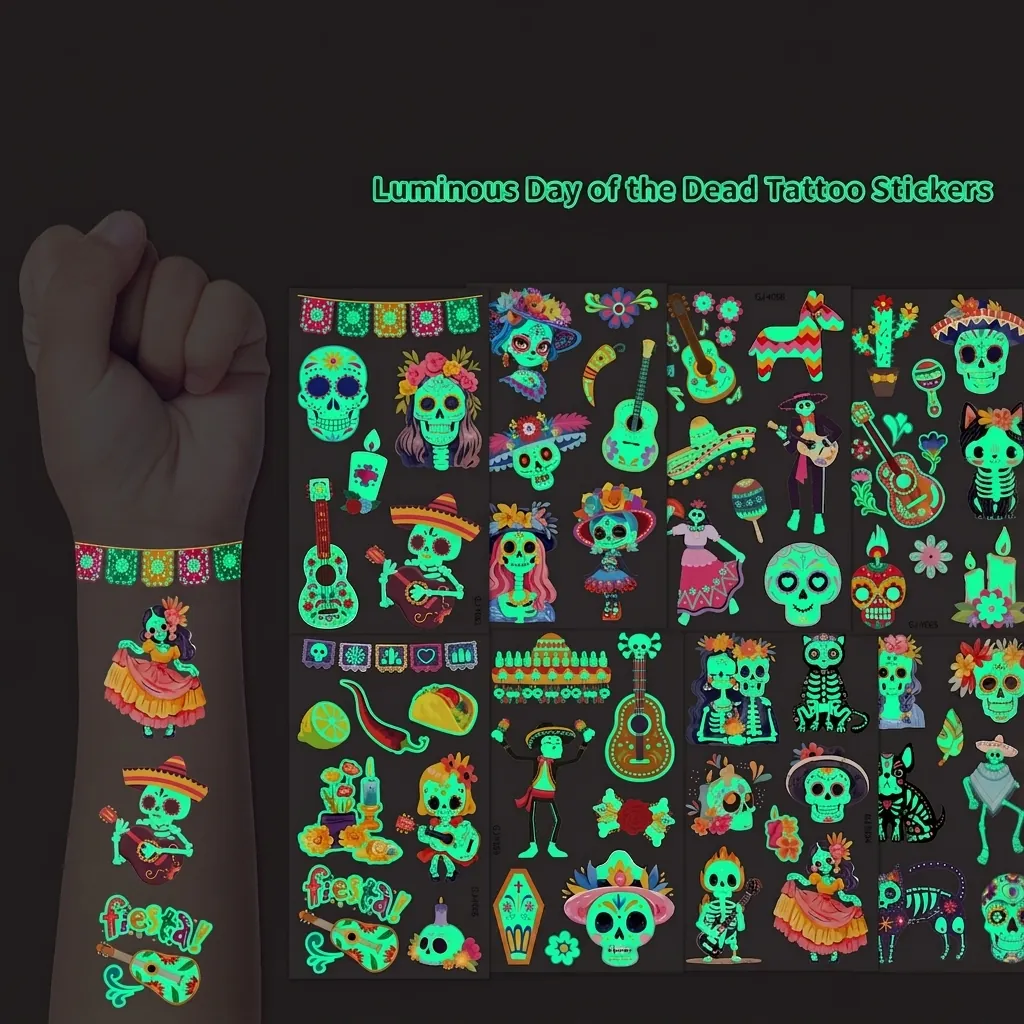 Luminous Day of the Dead Temporary Tattoo Stickers Glow in the Dark Sugar Skull Skeleton Animals Kids Party Tattoos Decor