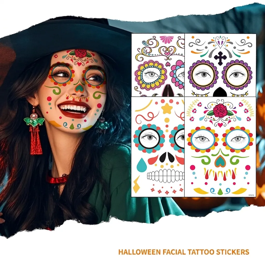 Day of the Dead Halloween Face Tattoo Stickers Waterproof Sweatproof Sugar Skull Floral Temporary Tattoo Masquerade Makeup Face Decals Unisex