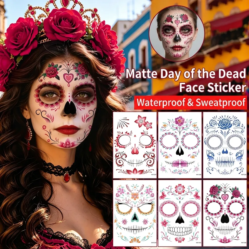 Autocollants Tatouage Visage Mat Jour Des Morts Crâne De Sucre Mexicain Floral Imperméable Maquillage Temporaire Halloween