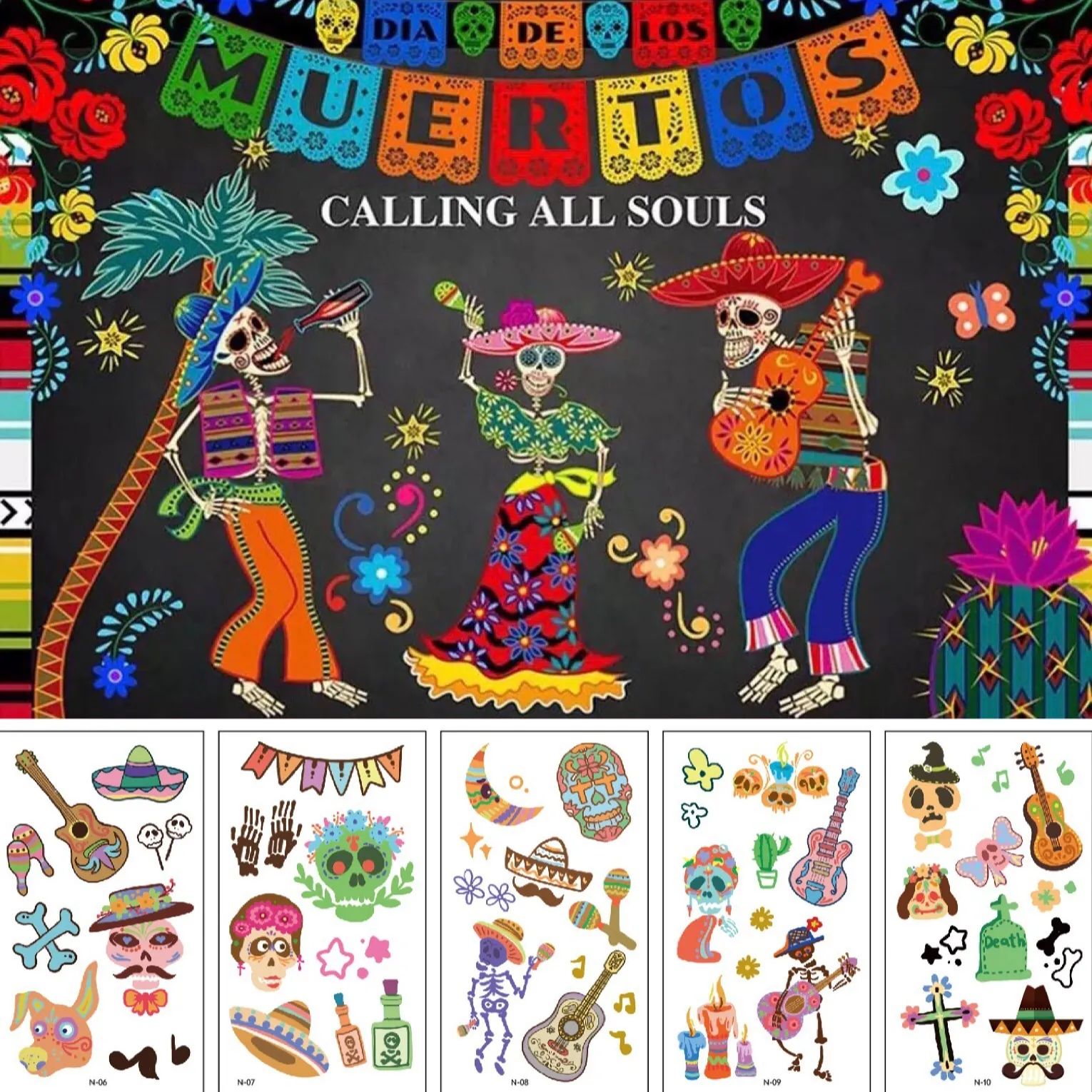 Mexican Day Of The Dead Kids Temporary Tattoos Cartoon Skull Guitar Pumpkin Ghost Spider Water Transfer Sticker For Halloween Christmas Party Favors