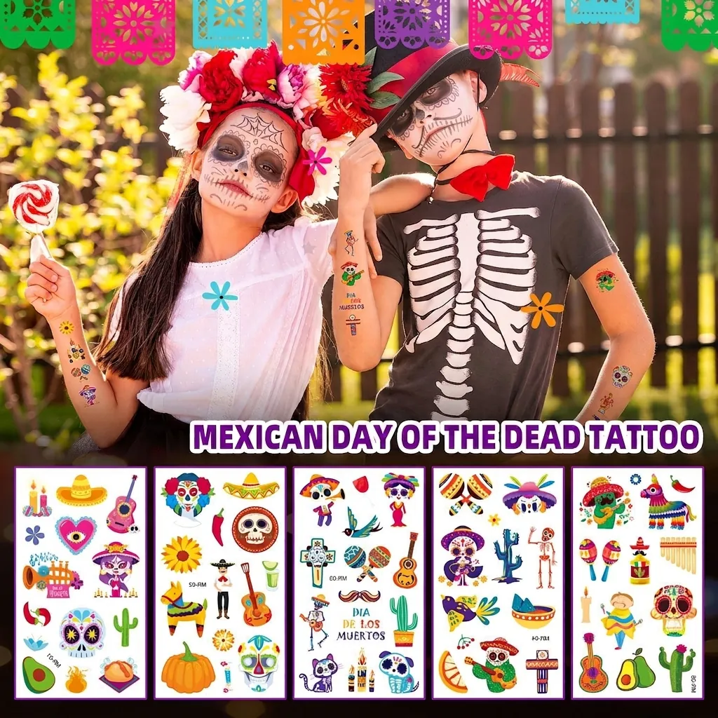 Day Of The Dead Temporary Tattoos For Kids Halloween Colorful Skull Skeleton Water Transfer Stickers For Party Masquerade Decoration