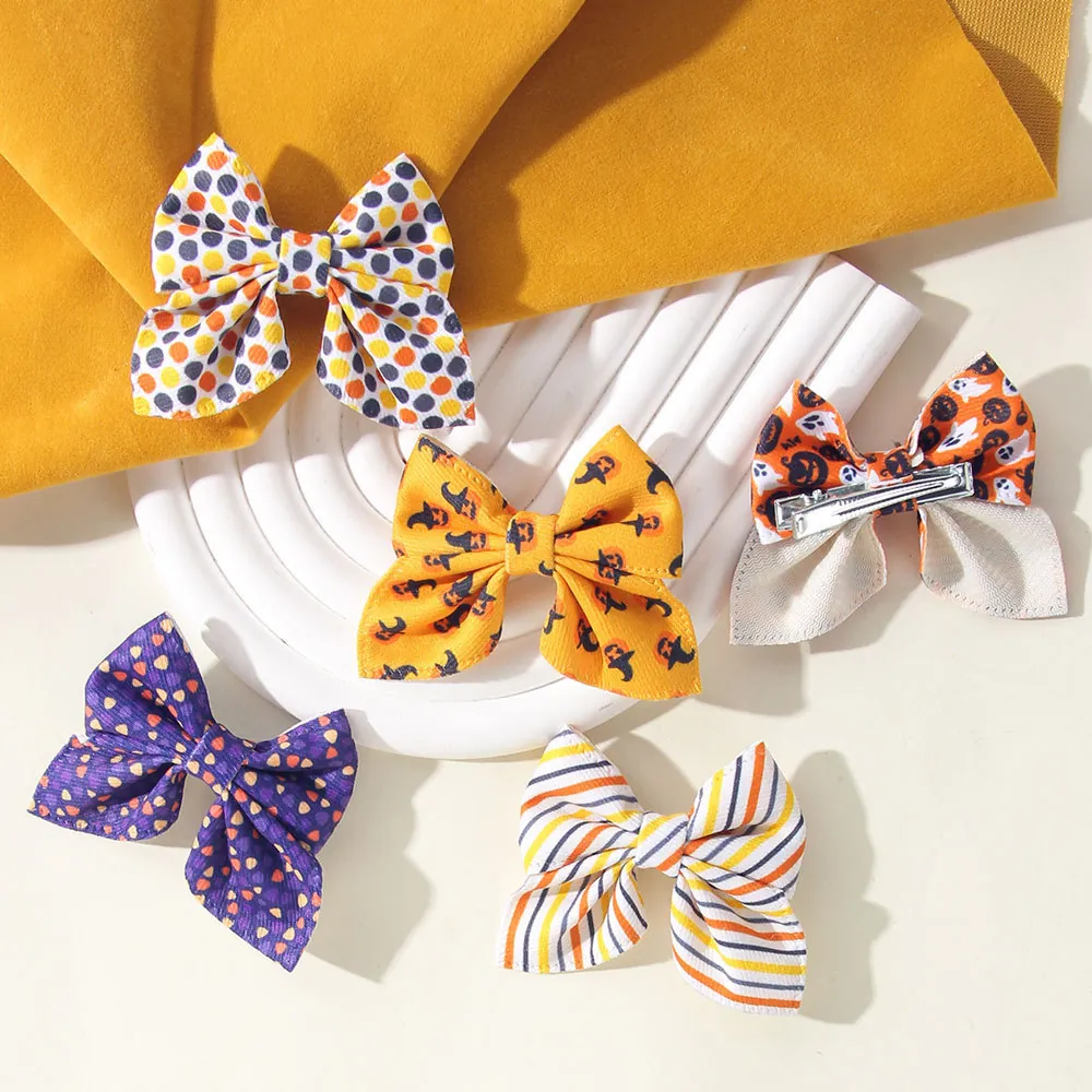 Halloween Day of the Dead Kids Bow Hair Clip Pumpkin Ghost Skull Pattern Fabric Alligator Clip Party Hair Accessories