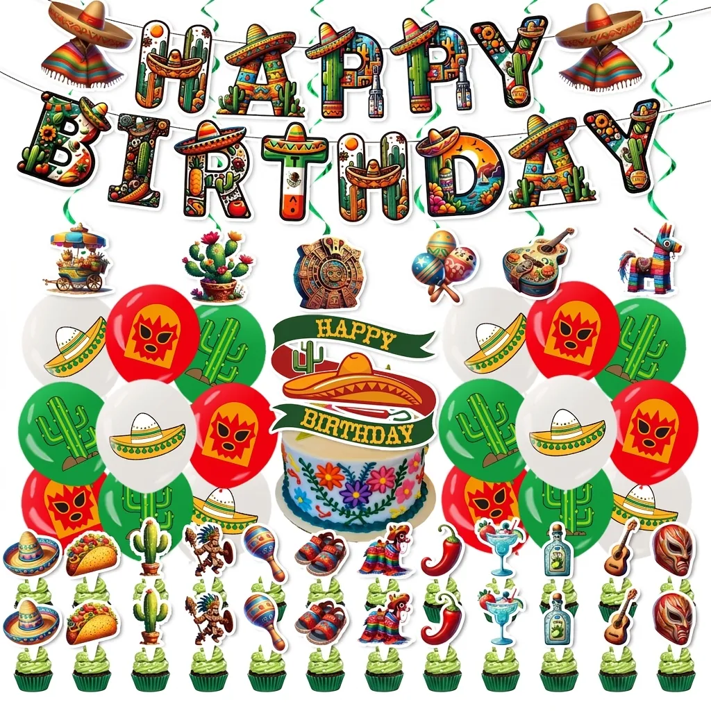 Mexican Fiesta Birthday Party Decoration Multicolor Cactus Sombrero Banner Latex Balloons Cake Toppers Hanging Swirls Supplies