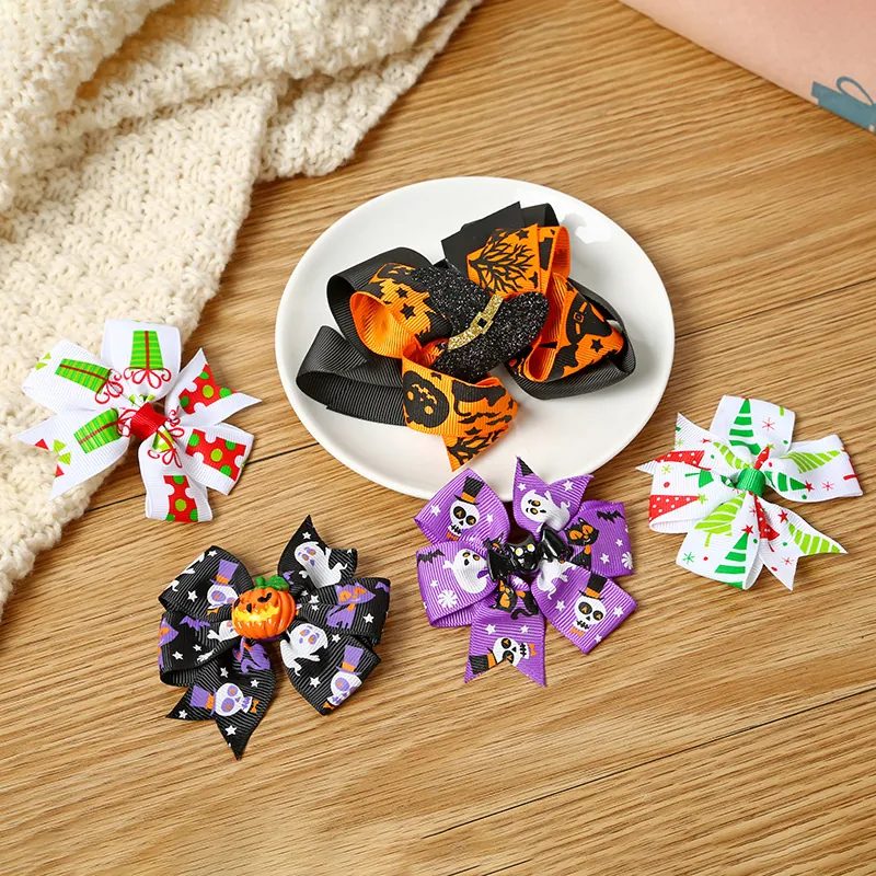 Kids Halloween Christmas Hair Clips Bowknot Festival Hair Pins Pumpkin Ghost Christmas Tree Decoration Hair Accessories For Girls