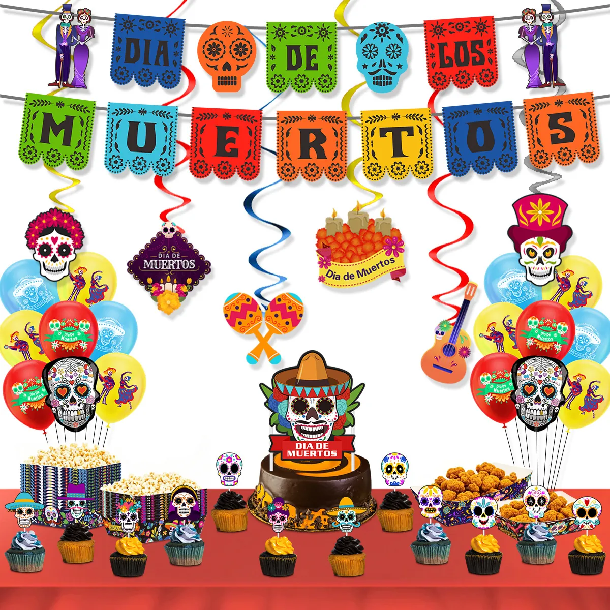 Mexican Day Of The Dead Theme Party Decoration Kit Skeleton Banner Latex Balloon Cake Topper Photo Props For Dia De Los Muertos Celebration