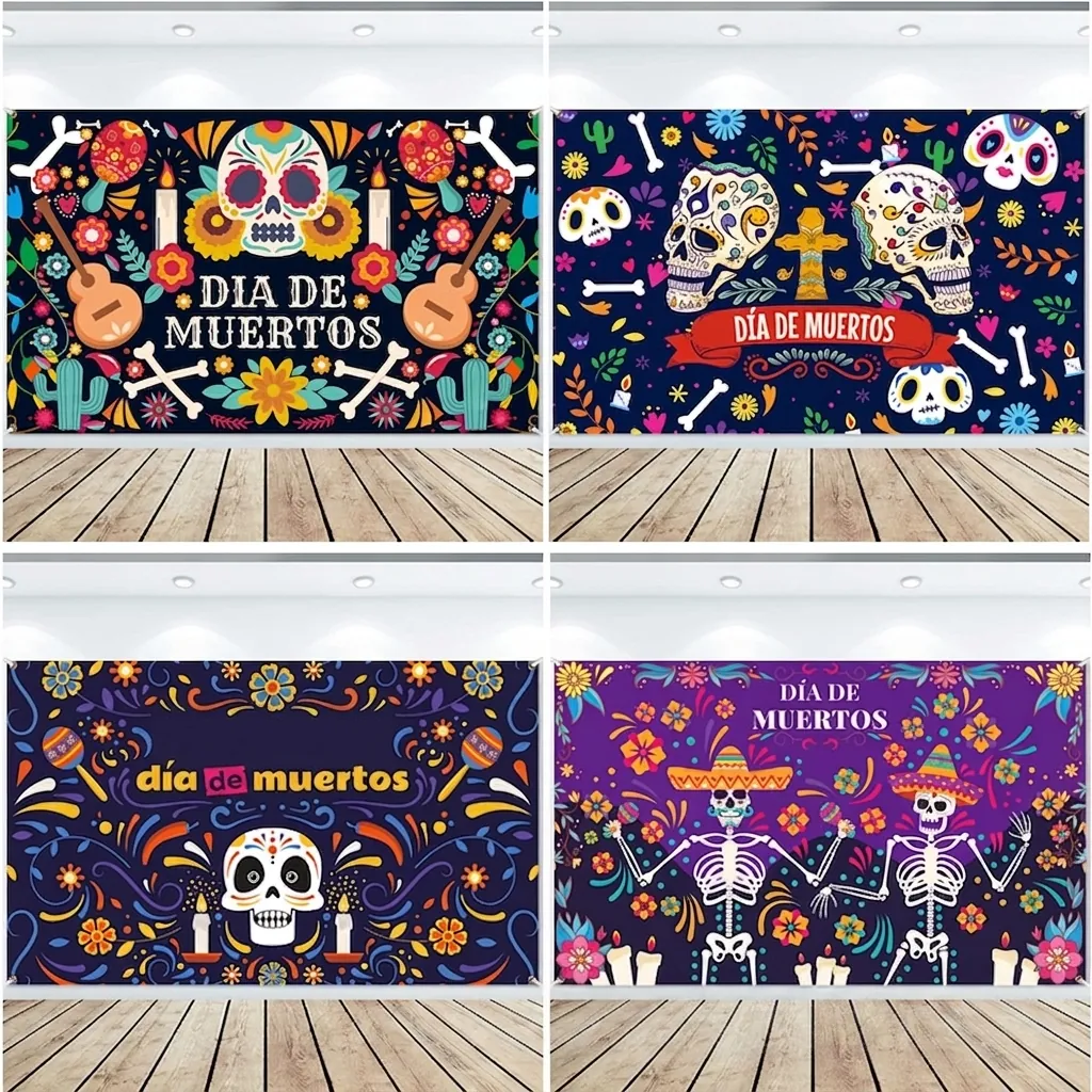 Striscione Messicano per il Giorno dei Morti Sfondo Dia De Muertos in Poliestere con Teschio Decorazione per Feste