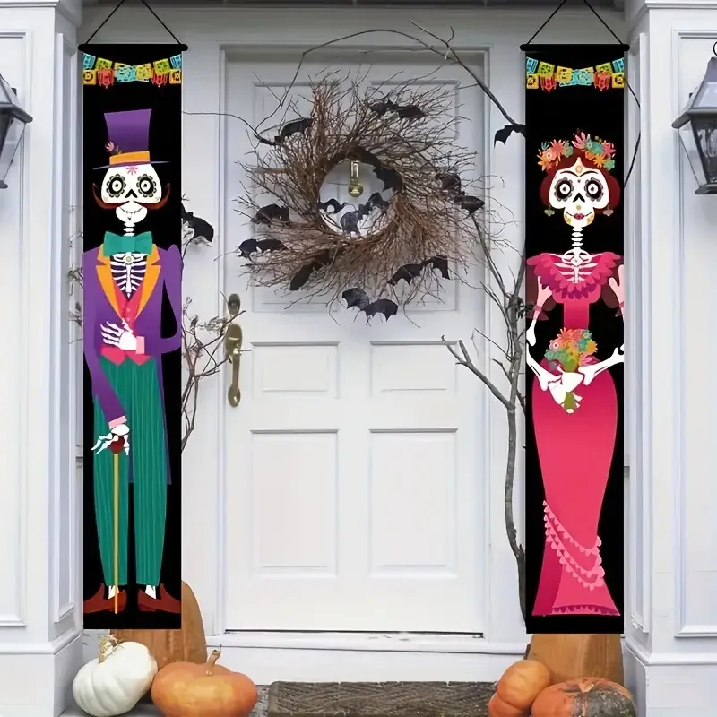 Halloween Day of the Dead Welcome Porch Banner Polyester Skeleton Floral Printed Holiday Door Hanging Sign Flags Set