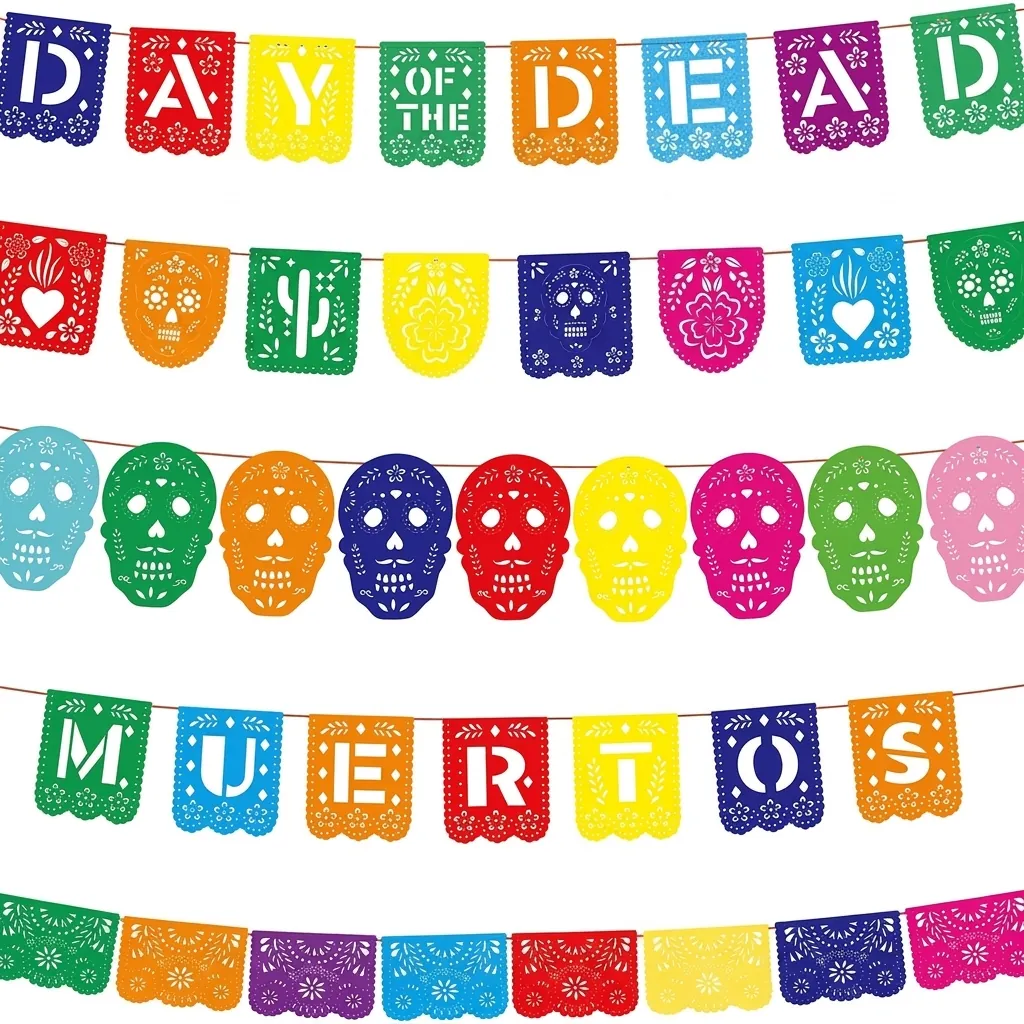 Mexican Day of the Dead Felt Banner Multi Colored Papel Picado Skull Flower Garland For Carnival Party Home Decoration