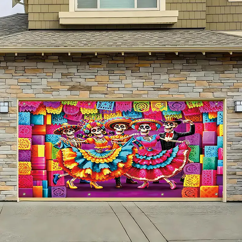 Mexican Day Of The Dead Garage Door Banner Dancing Skeleton Carnival Backdrop Polyester Festival Party Outdoor Scene Decoration Banner