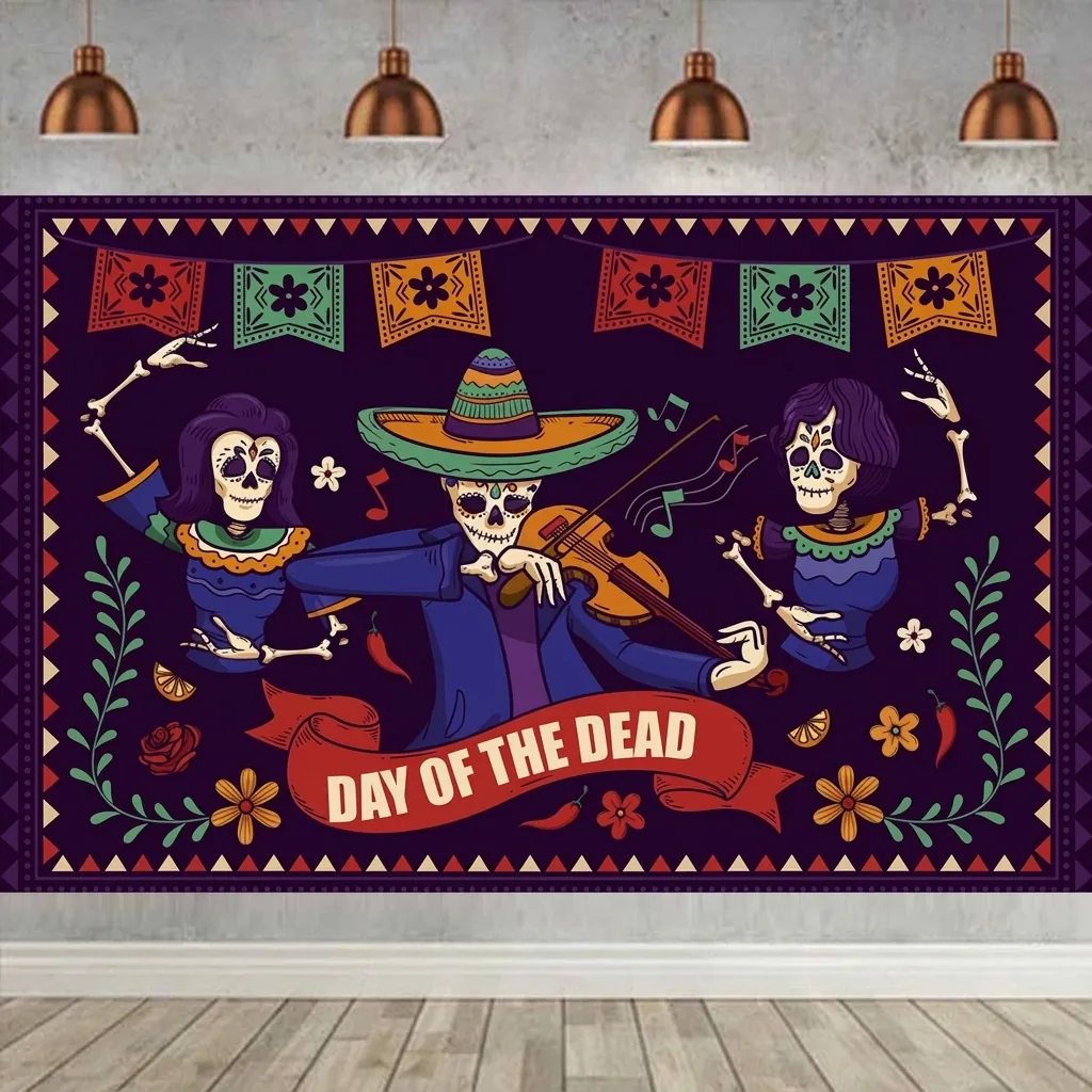 Mexican Day Of The Dead Background Cloth Banner Black Polyester Backdrop Sugar Skull Guitar Floral Party Decor For Home