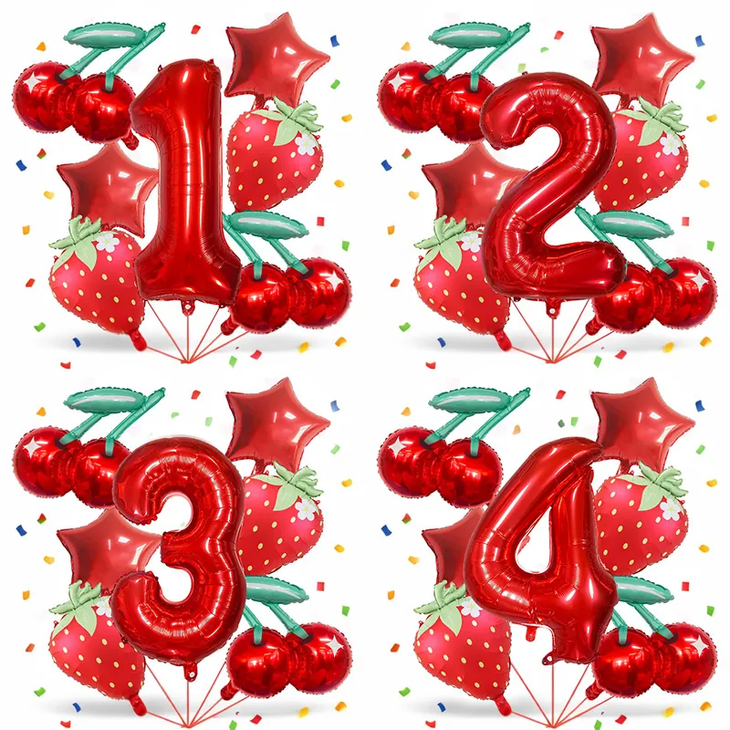 Fruit Theme Aluminum Foil Balloon Set Strawberry Cherry Red Digital Birthday Party Decorations For Summer Girl Party Supplies