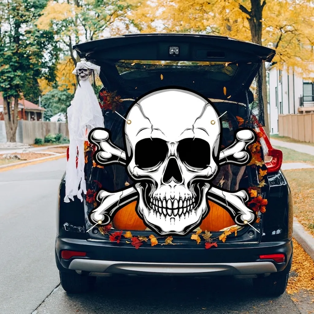 Banner Decorativo per Bagagliaio di Halloween Sfondo Horror con Zucca Fantasma Teschio Mummia Strega per Decorazione Festa Trunk Or Treat