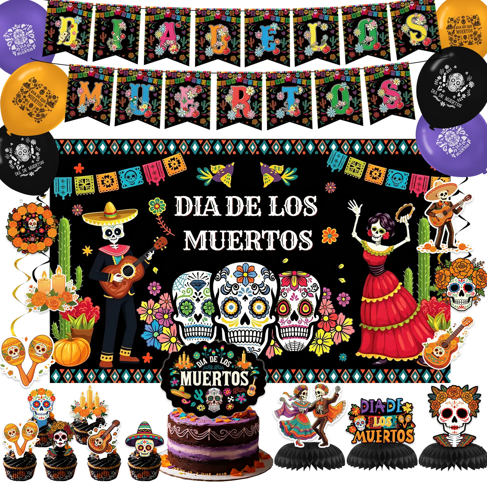 Mexican Day Of The Dead Party Decorations Set Dia De Los Muertos Backdrop Banner Latex Balloons Cake Topper Hanging Swirls Supplies