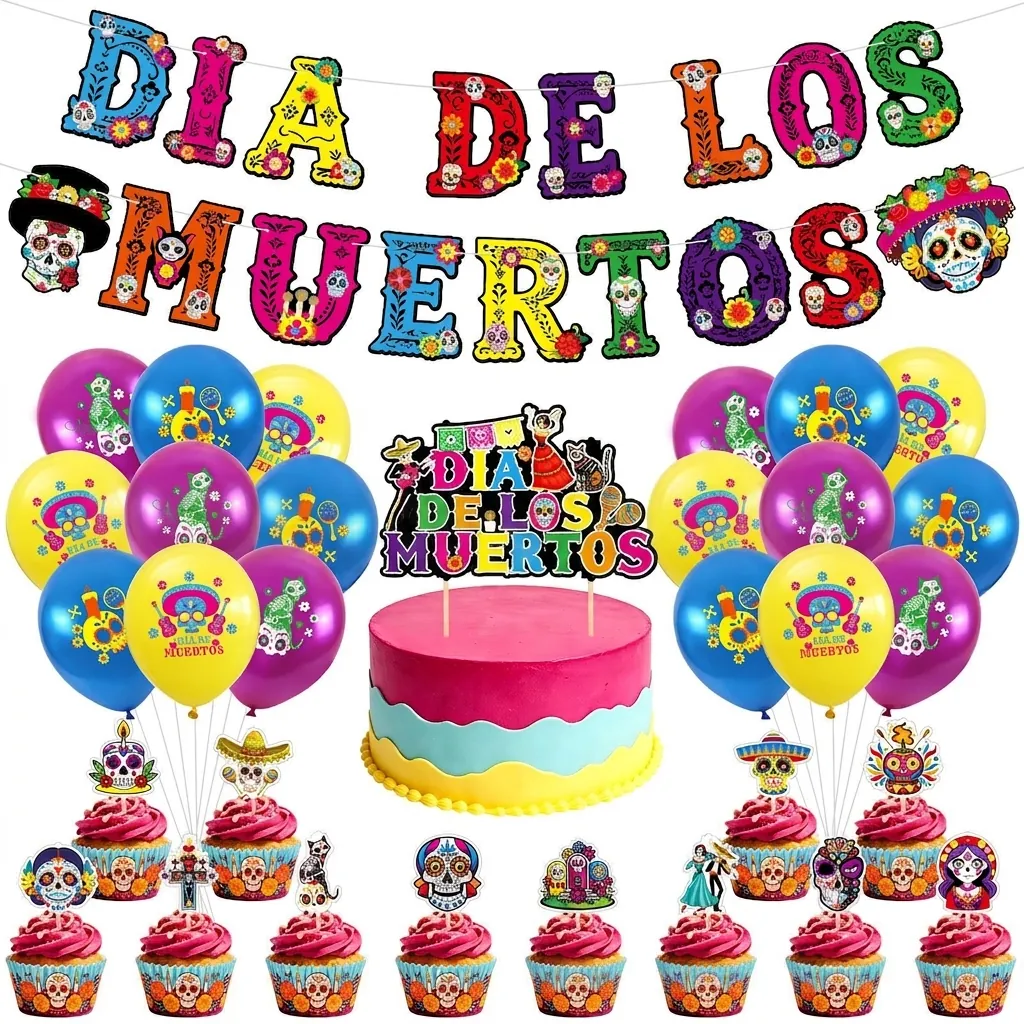Mexican Day of the Dead Party Decoration Kit Sugar Skull Banner Cake Toppers Balloons Hanging Swirls Tassels Honeycomb Ornaments