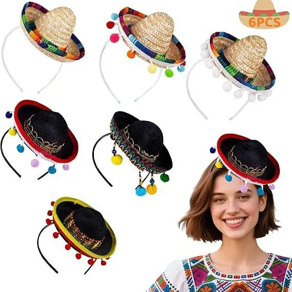 Mini Mexican Sombrero Headband For Carnival Party Cinco De Mayo Decoration Straw Felt Hat With Pompoms For Adults Kids Pets