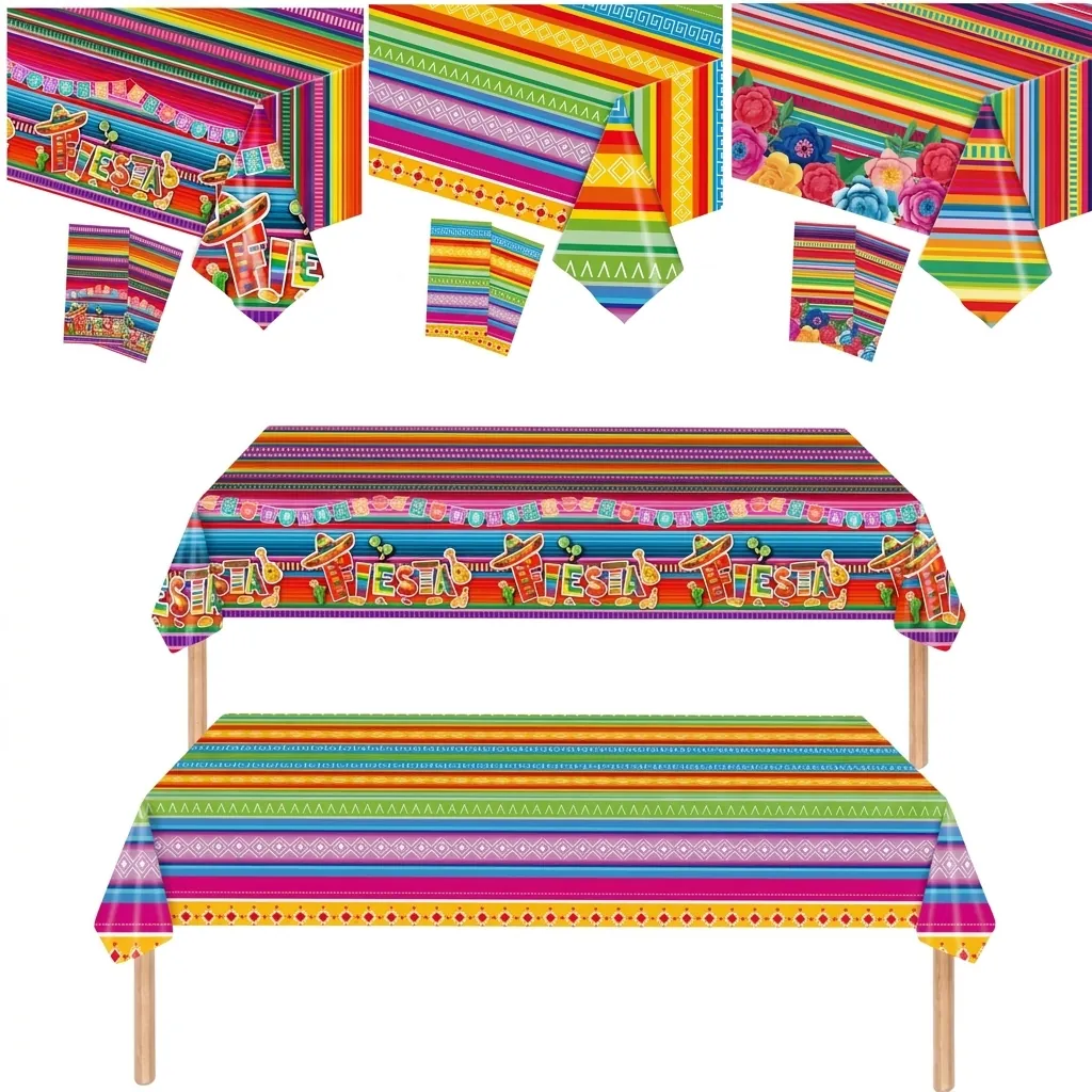 Tovaglia Usa e Getta in Plastica Fiesta Messicana Multicolore a Strisce Motivo a Teschio Decorazione per Feste Festive Copritavolo Rettangolare