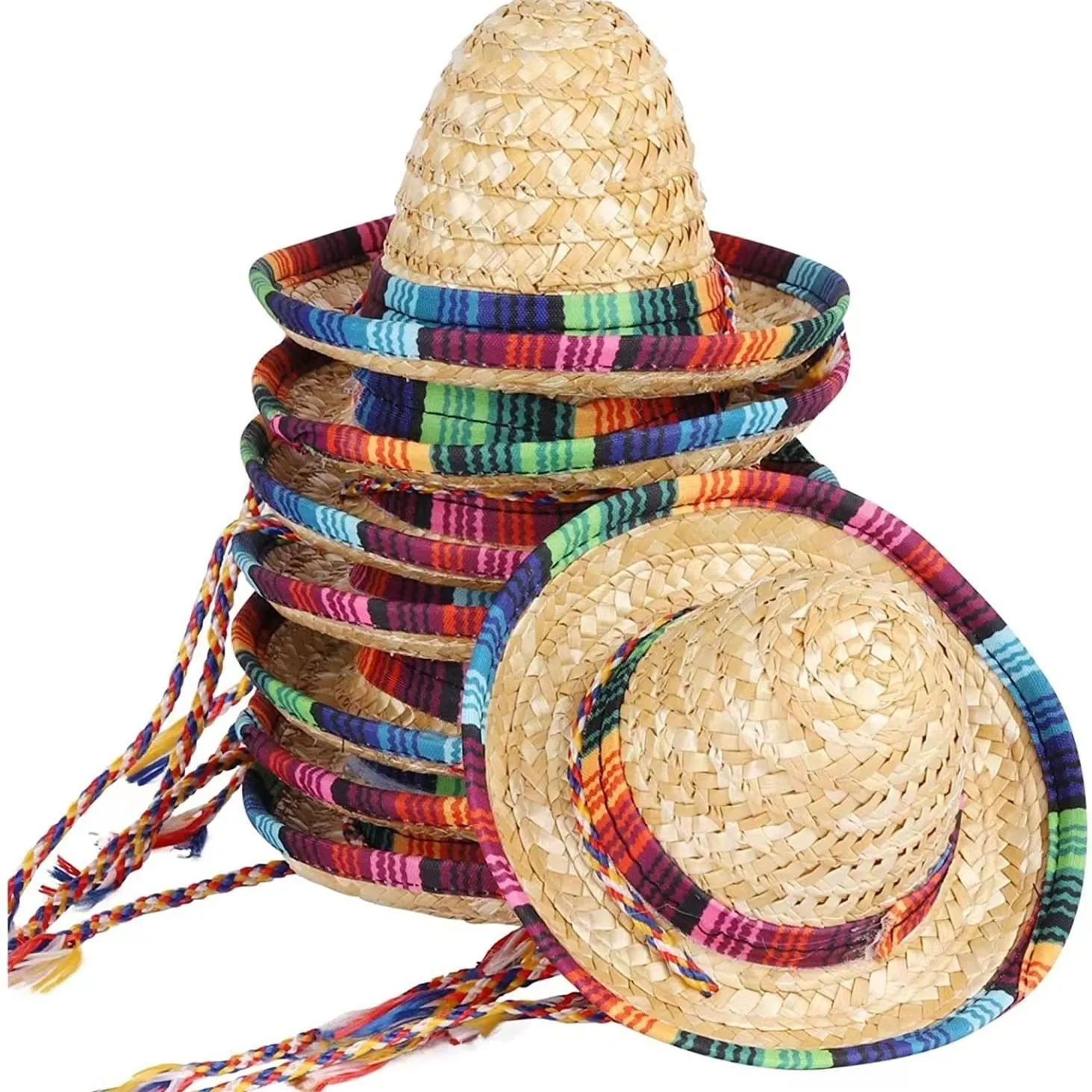 Mexican Fiesta Mini Sombrero Straw Hat With Colorful Trim And Adjustable Rope For Pet Dog Cat Carnival Party Decor