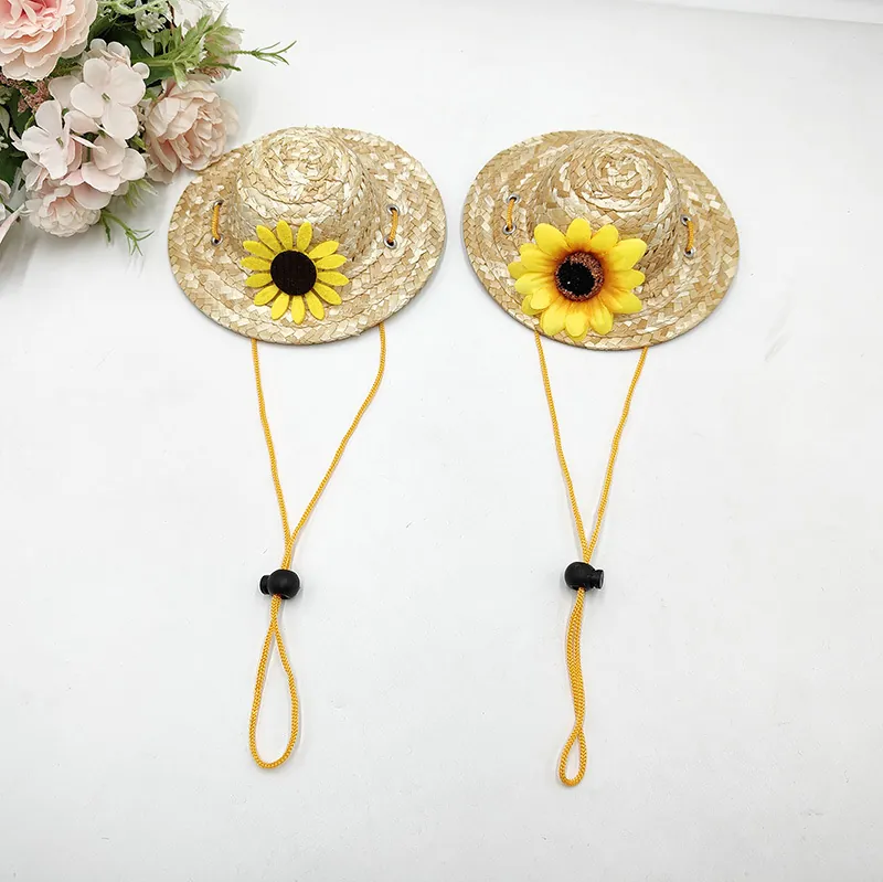 Mexikanischer Stil Mini Haustier Strohhut Sonnenblume Dekoration Verstellbarer Sombrero Für Katzen Hunde Geburtstag Party Hut